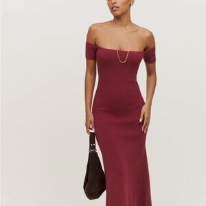 Elegant  reformation Off-Shoulder “Arielle” Burgundy Dress